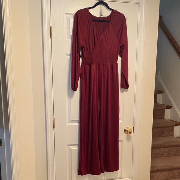 Tanou Pants - Tanou Burgundy Long Sleeve Smocked Jumpsuit…size M